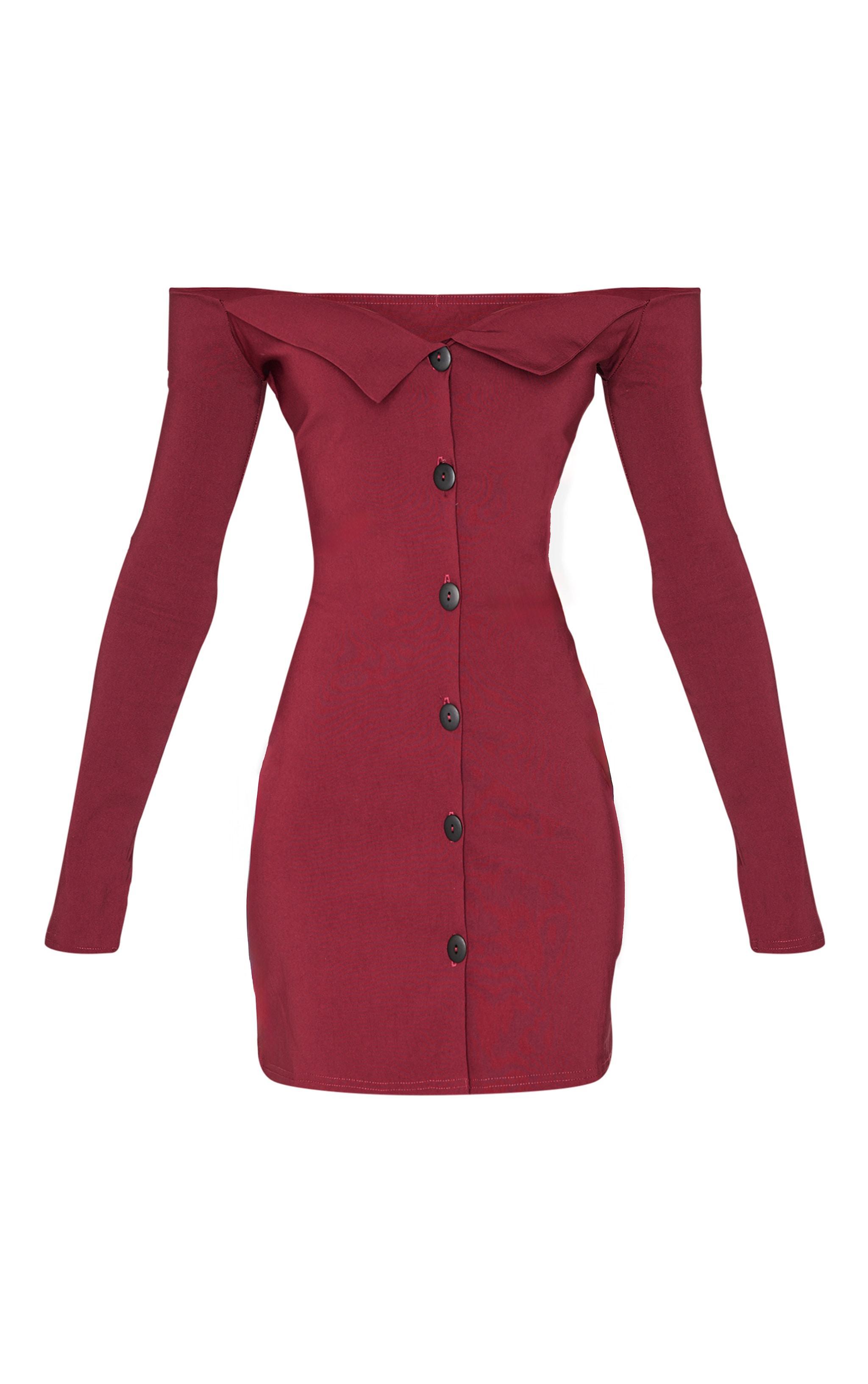 Wine Button Detail Bardot Bodycon Dress Product Image