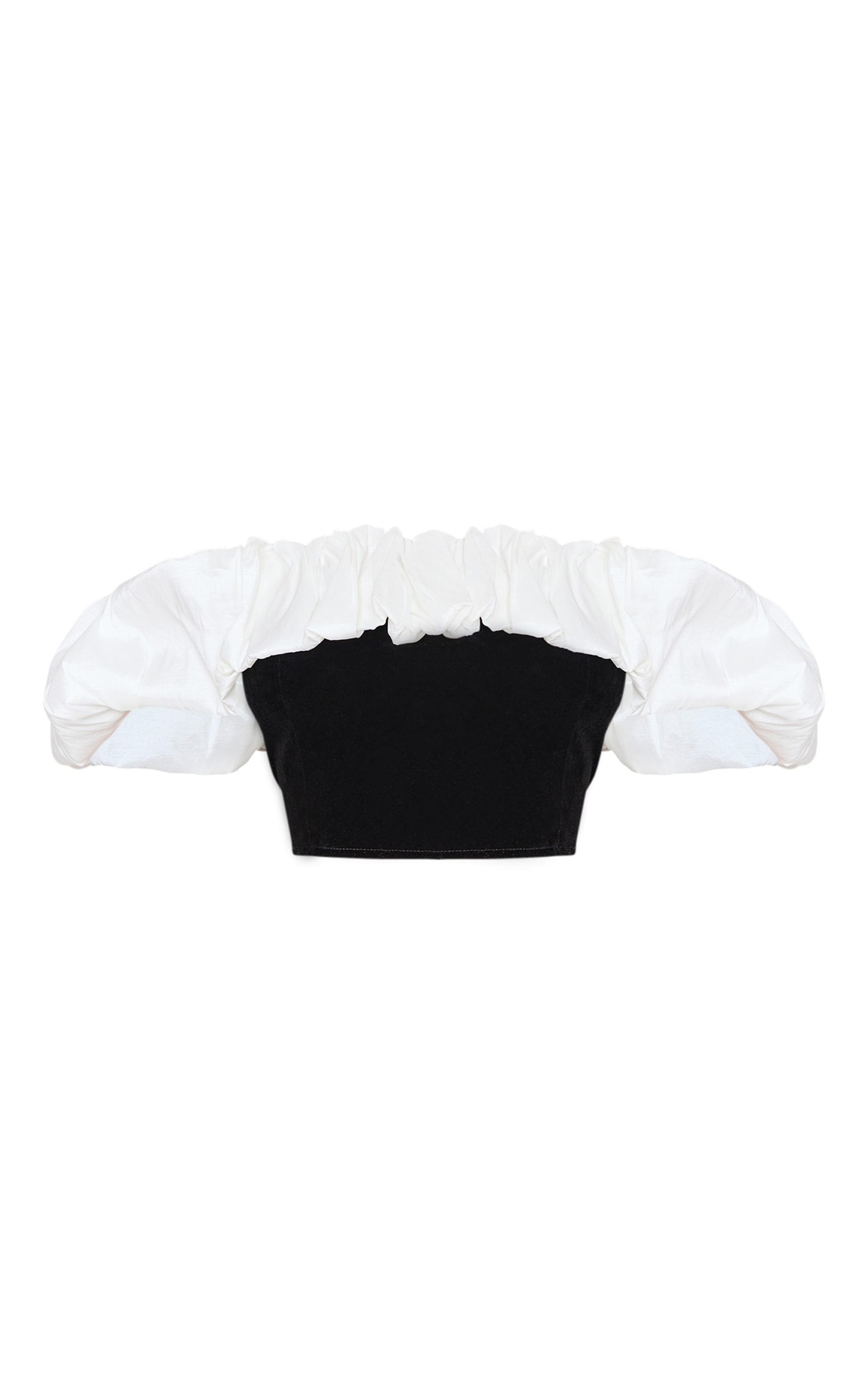 Petite Black Velvet Ruffle Detail Bardot Crop Top Product Image