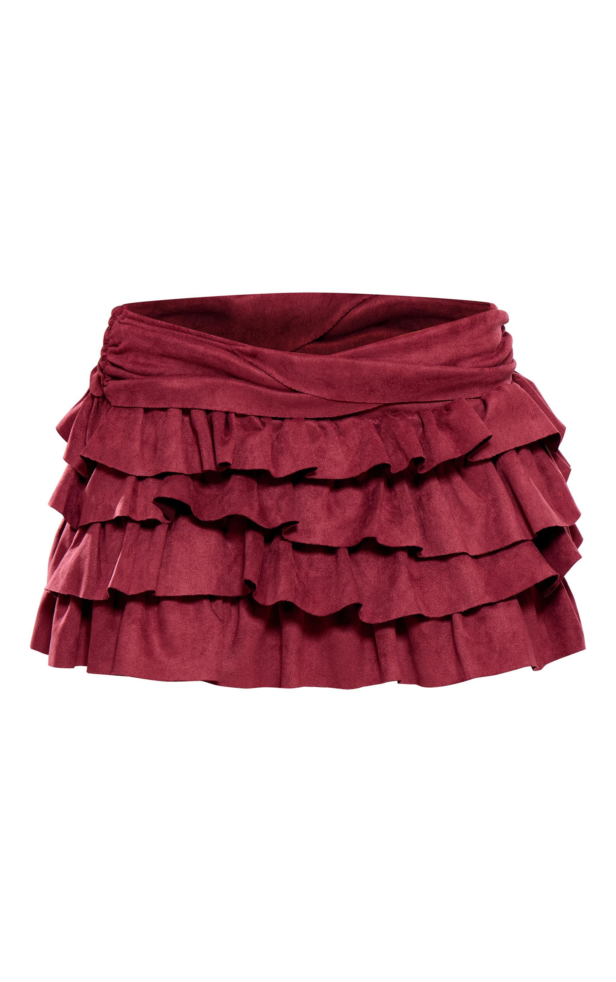 Burgundy Faux Suede Frilly Rara Mini Skirt Product Image