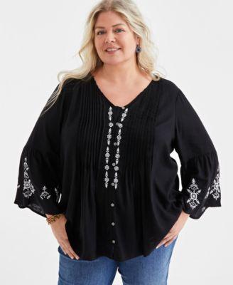 Plus Size Embroidered Pintuck Blouse, Created for Macy's Product Image