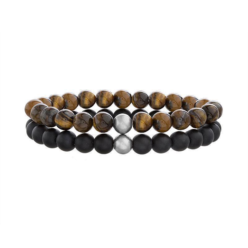 1913 Mens Red Tiger Eye & Glass Beads Stretch Bracelet Set Brown Product Image