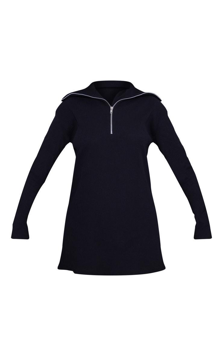 Black Rib High Neck Half Zip Oversized Sweater Dress Product Image