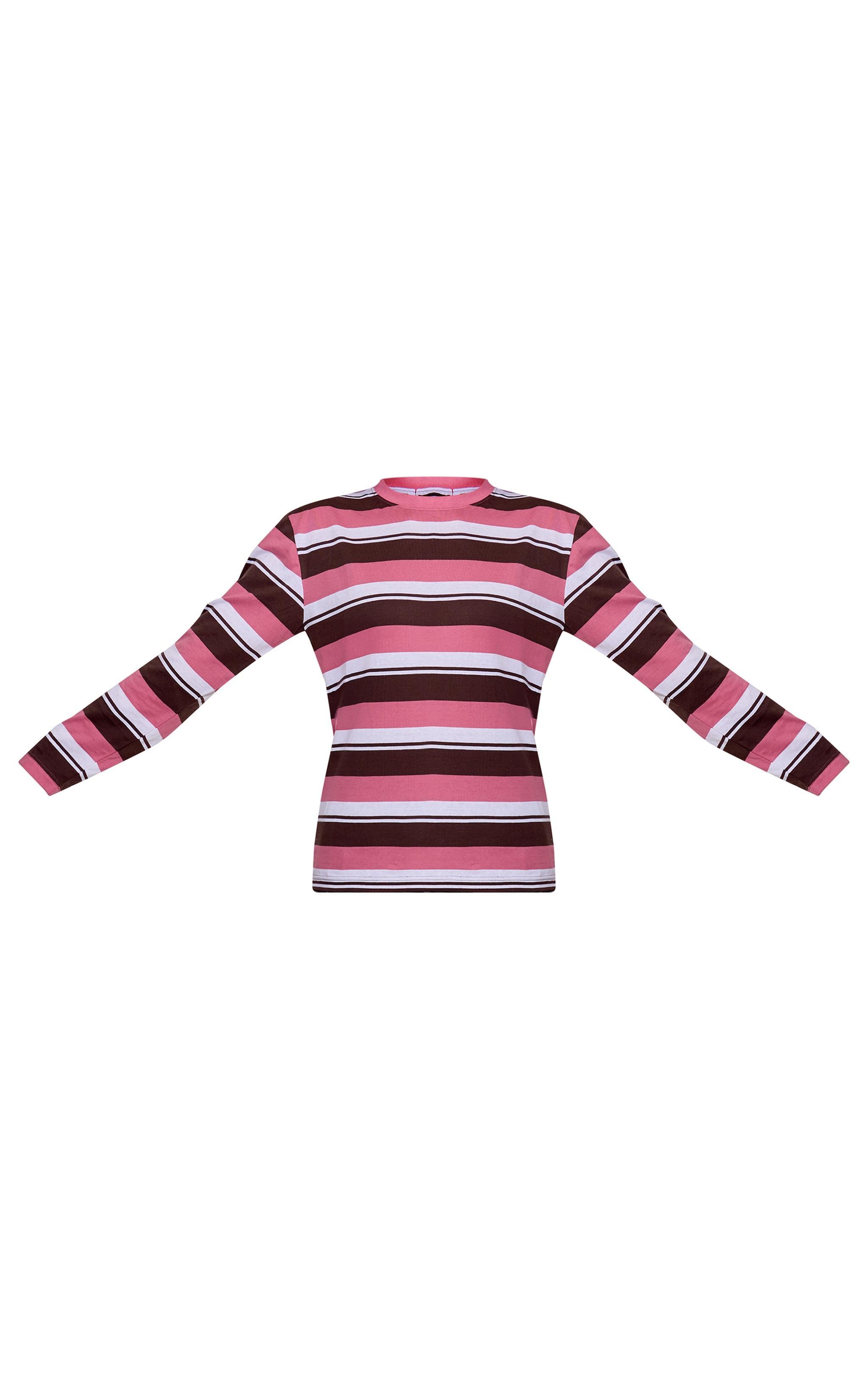 Pink Striped Contrast Collar Long Sleeve Top Product Image