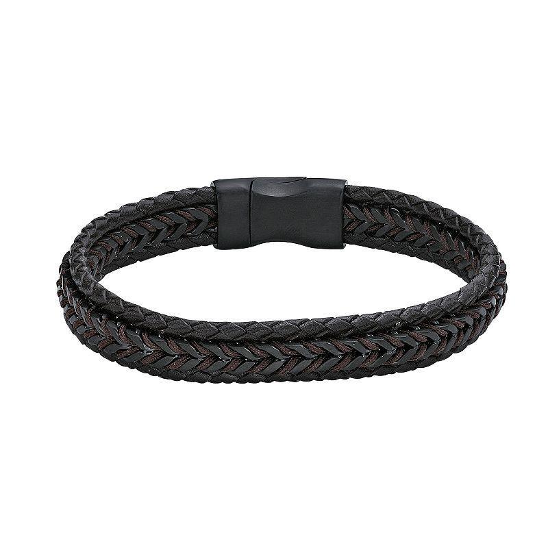 LYNX Mens Stainless Steel & Brown Leather Cord Bracelet Black Product Image