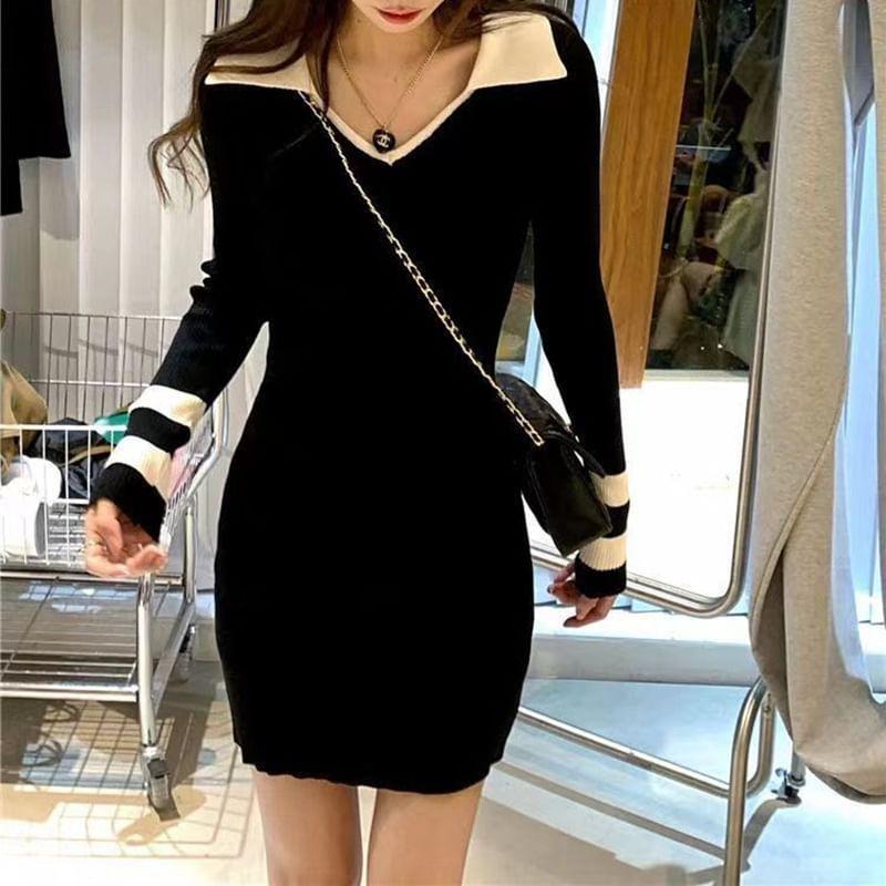 Long-Sleeve Collar Striped Knit Mini Sheath Dress Product Image