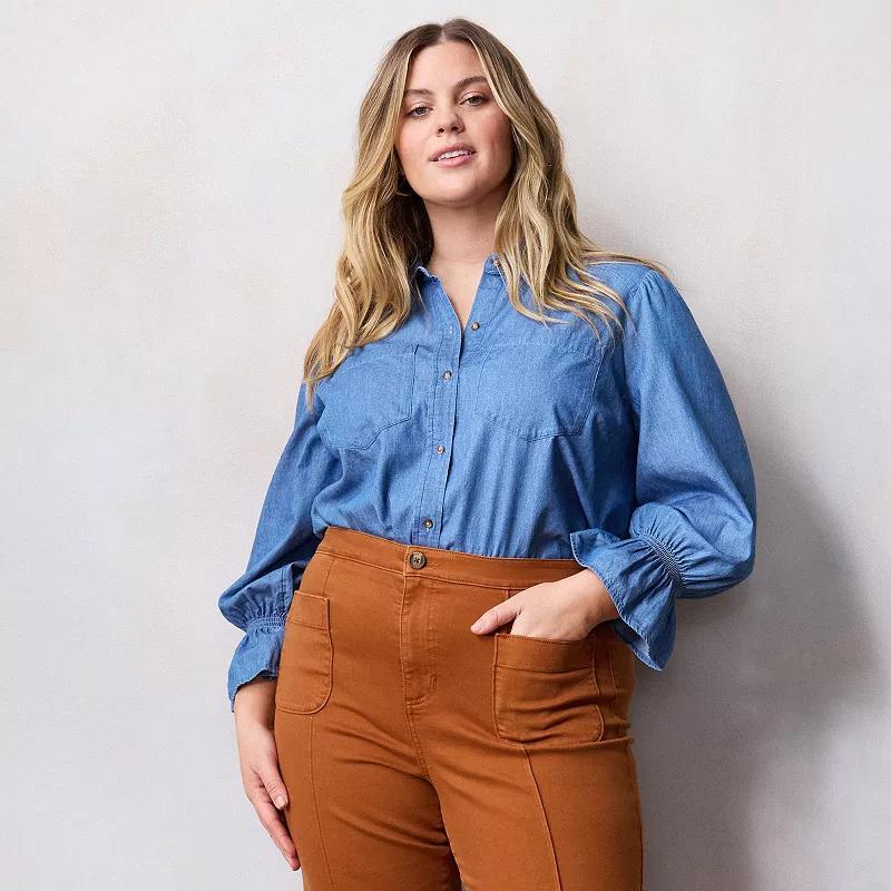 Plus Size LC Lauren Conrad Relaxed Shirt with Smocked Cuffs, Womens Anita Blue Product Image