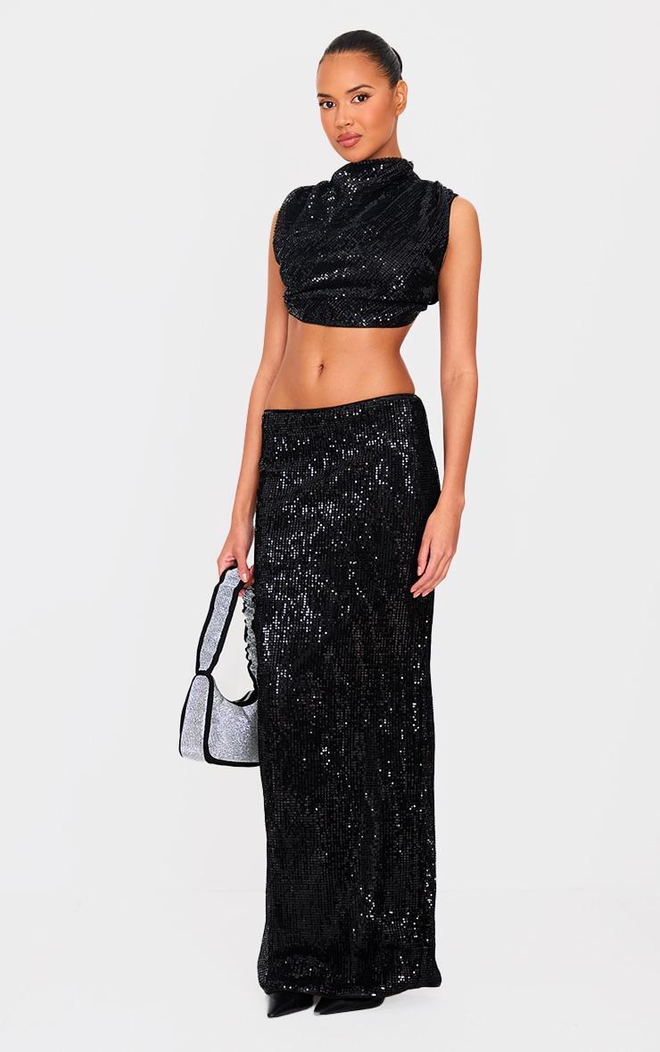 Black Sequin Tie Back High Neck Cowl Crop Top Product Image