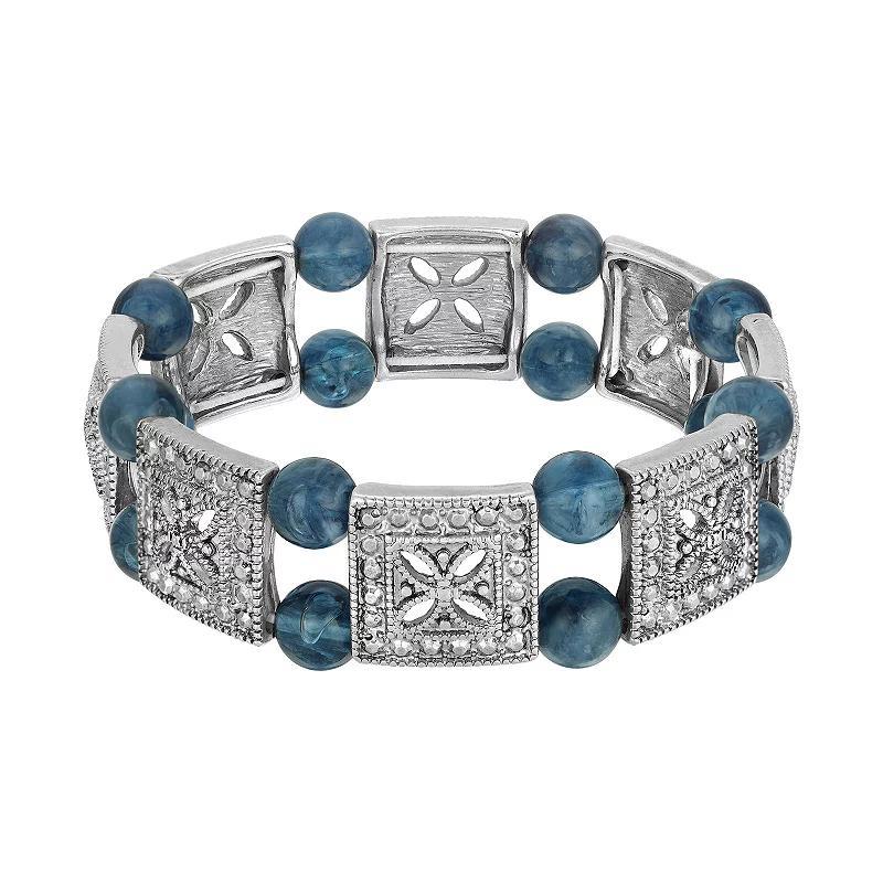 1928 Silver Tone Blue Bead Stretch Bracelet, Womens Product Image