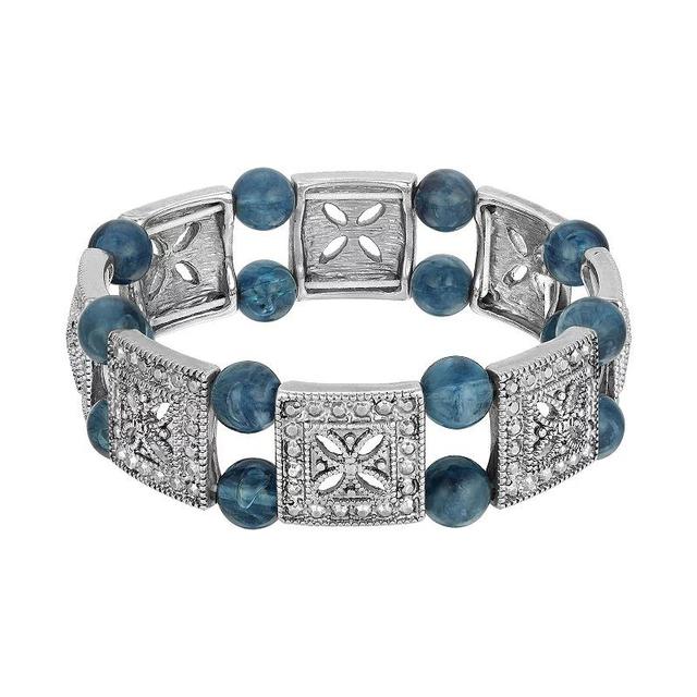 1928 Silver Tone Blue Bead Stretch Bracelet, Womens Product Image