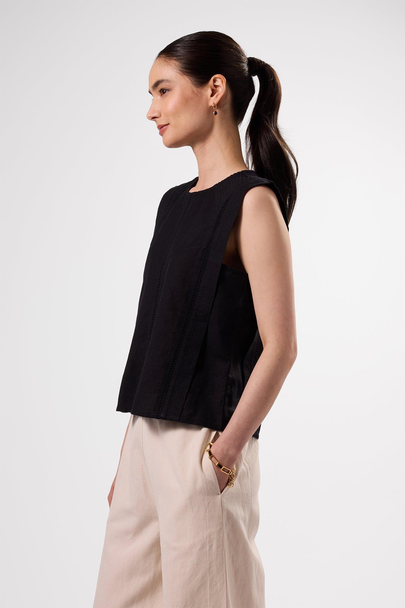 Detailed Cotton Linen Tank Top - Black Product Image