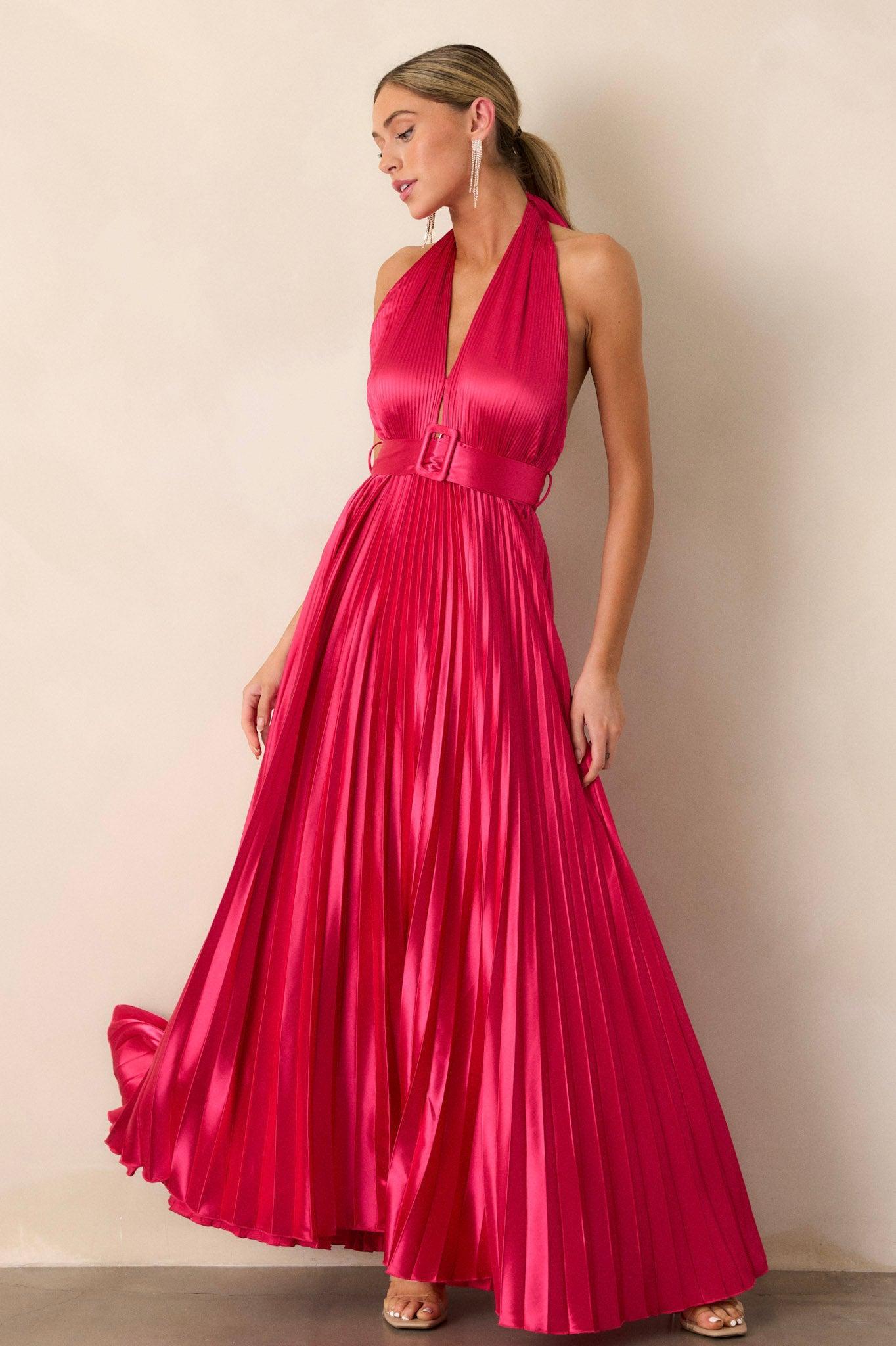 Runaway Icon Magenta Pink Pleated Halter Maxi Dress Product Image