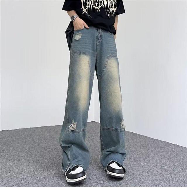 Mid Rise Washed Distressed Wide Leg Jeans Product Image