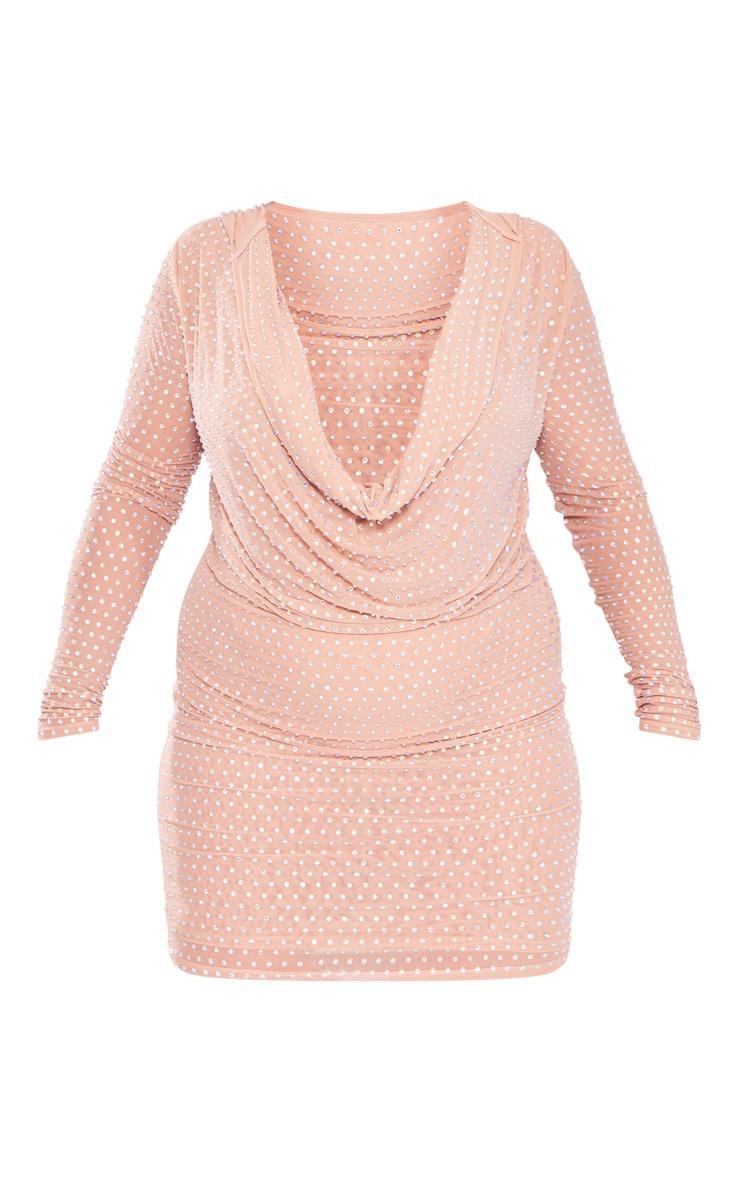 Premium Plus Nude Embellished Mesh Sheer Hooded Cowl Bodycon Dress Product Image