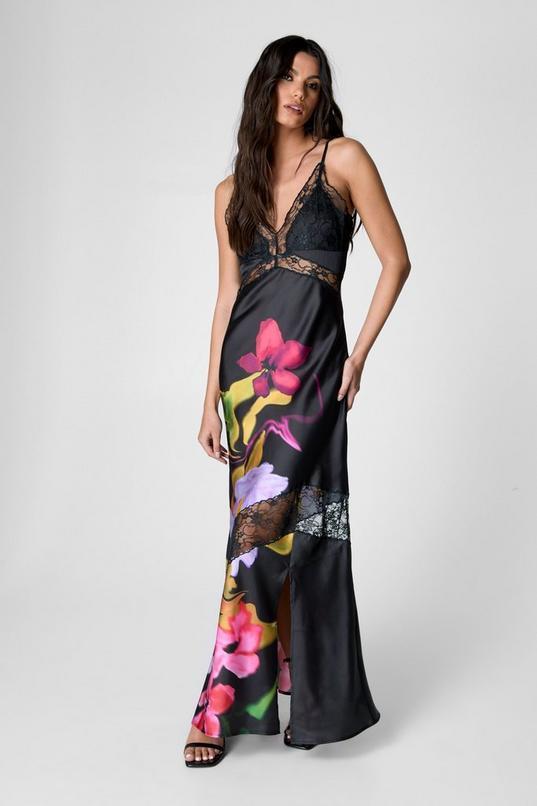 Satin Floral Lace Insert Maxi Dress Product Image