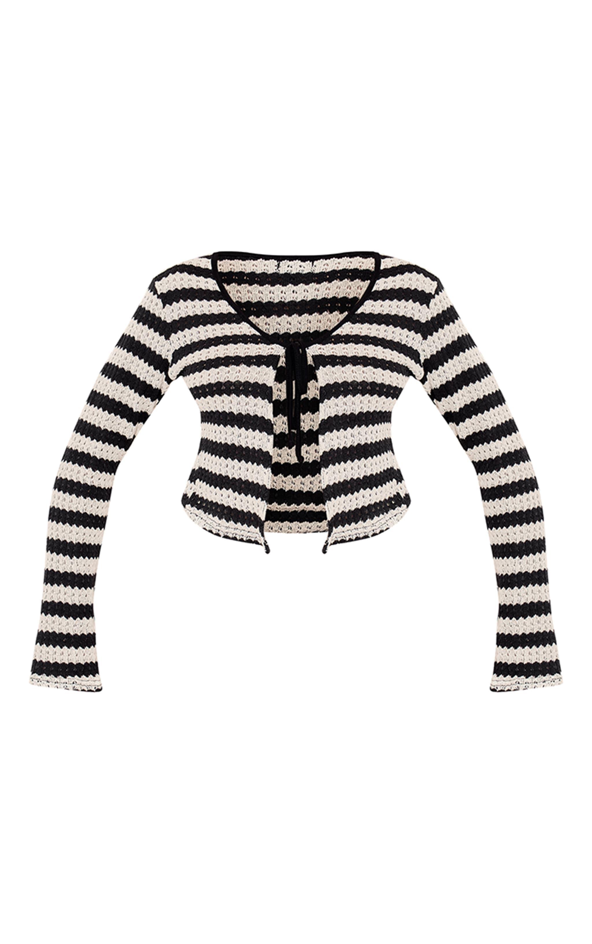  Monochrome Striped Tie Front Top Product Image