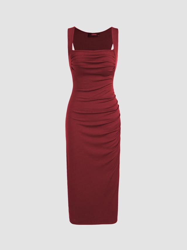 Square Neck Ruched Sleeveless Midi Dress Product Image