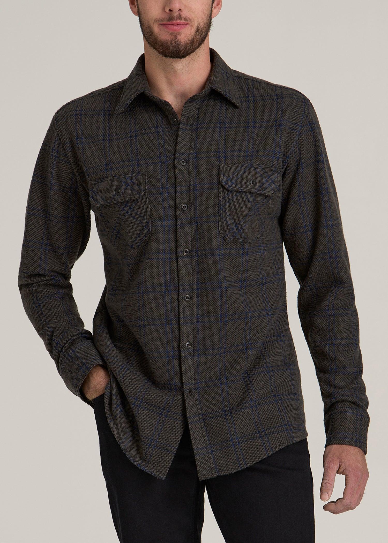 Stretch Flannel Button Tall Men's Shirt in Brown and Cobalt Grid Product Image