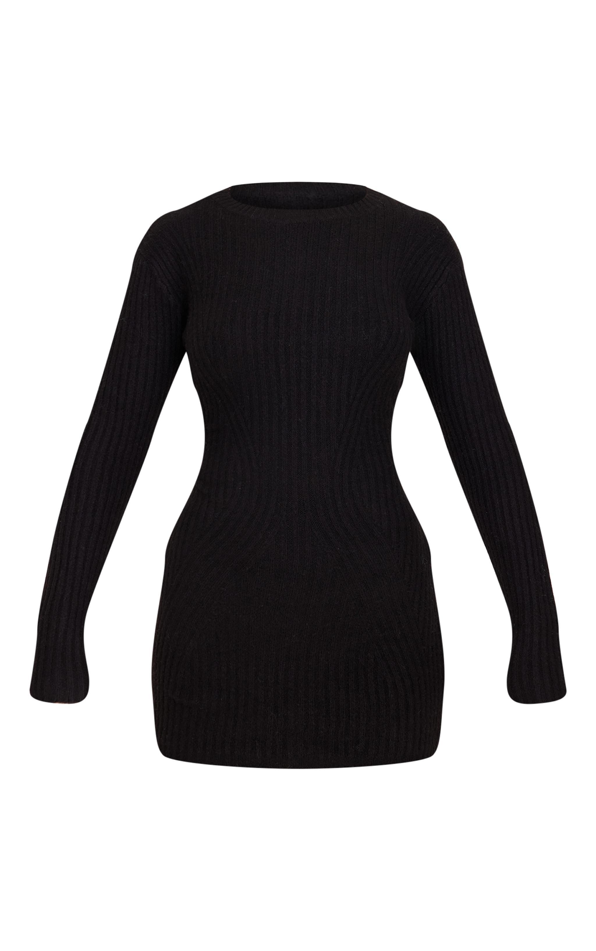 Black Soft Textured Rib Knit Mini Dress Product Image