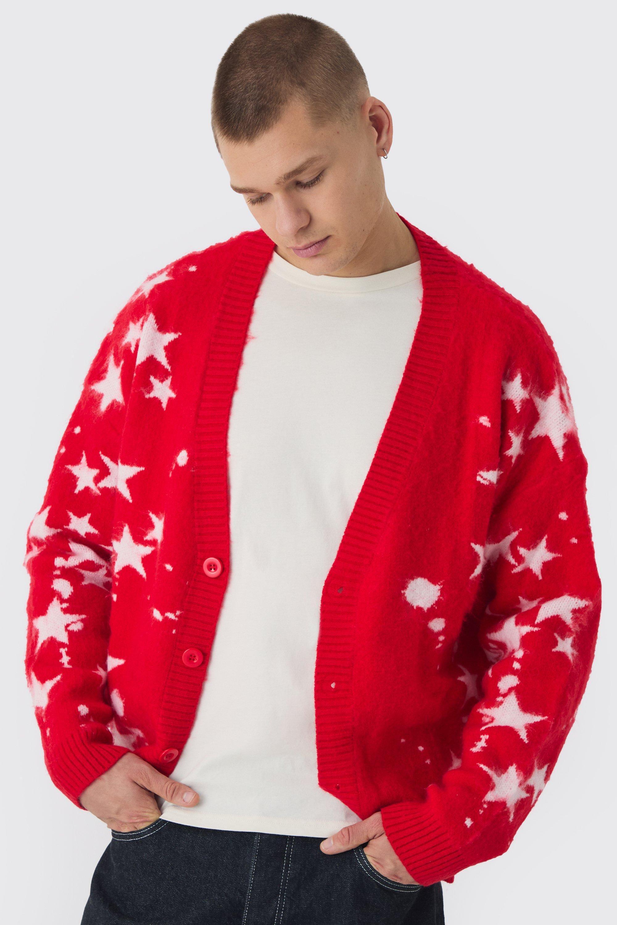 Mens Red Oversized Boxy Star Brushed Knitted Cardigan, Red Product Image