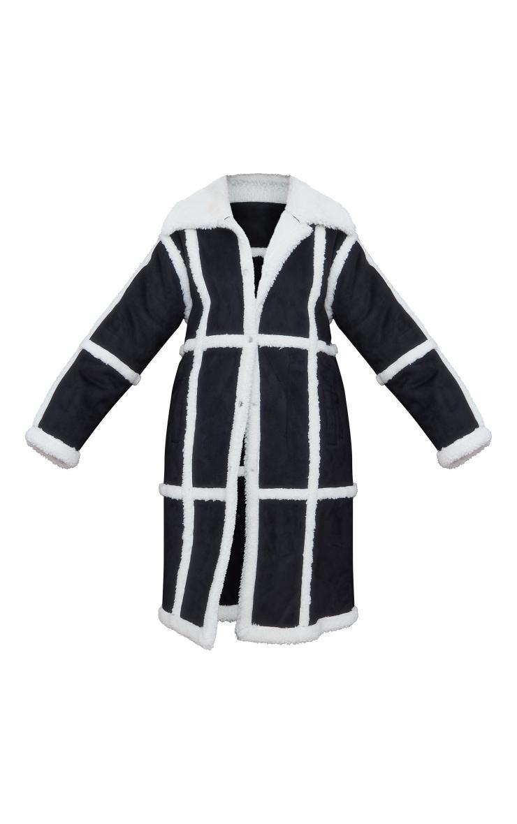 Plus Black Faux Suede Square Borg Panelled Coat Product Image