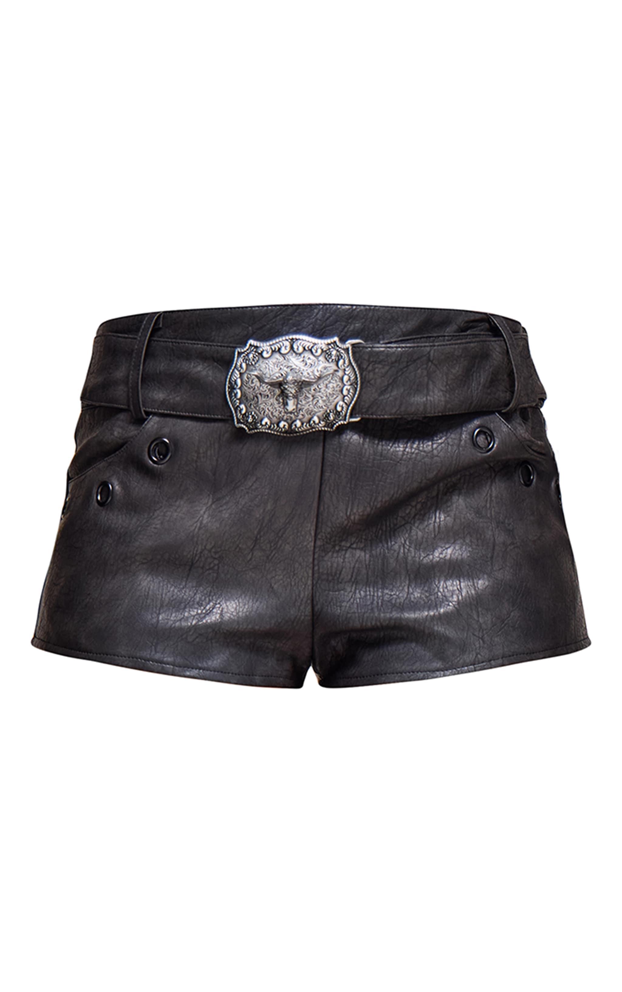 Washed Black Faux Leather Buckle Detail Hot Pants Product Image