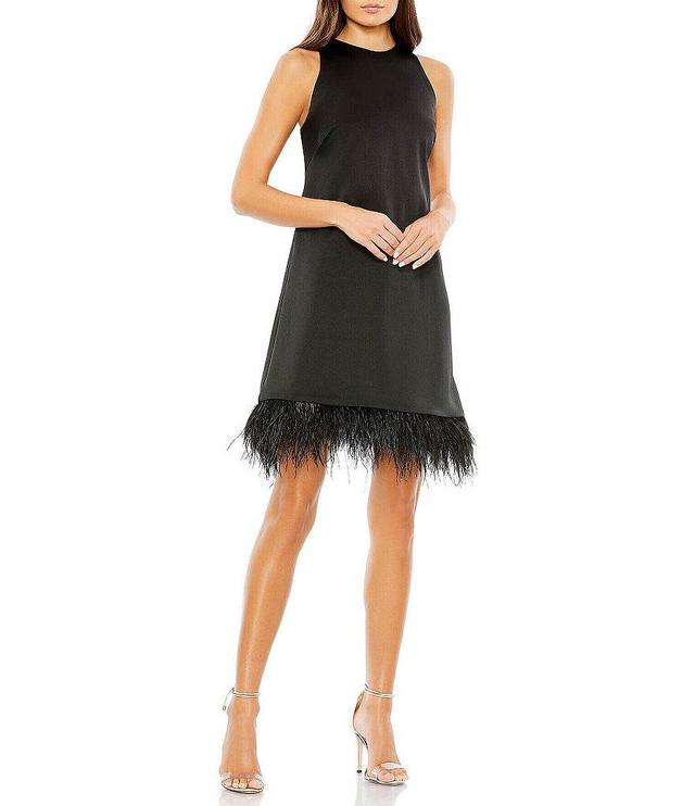 Mac Duggal Feather Trim Crew Neck Sleeveless Trapeze Mini Dress Product Image