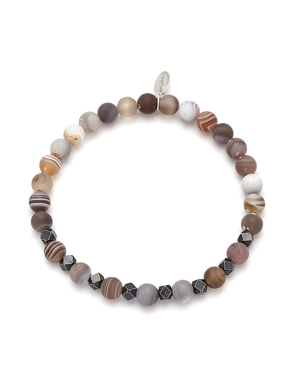 Mens Agate & Burnished Silver Beaded Stretch Bracelet - Grey Agate Product Image