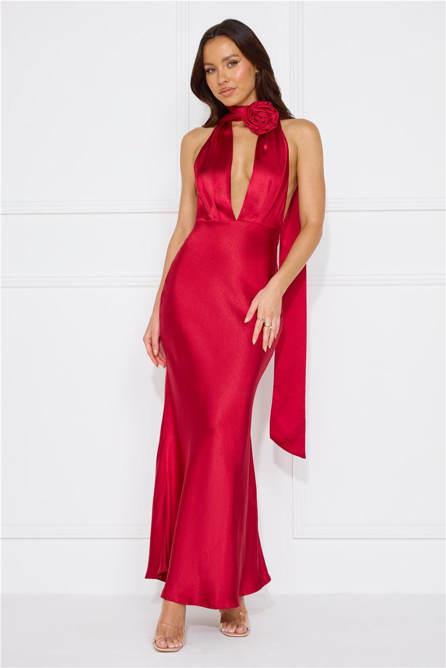 Stolen Style Points Halter Satin Maxi Dress Red Product Image