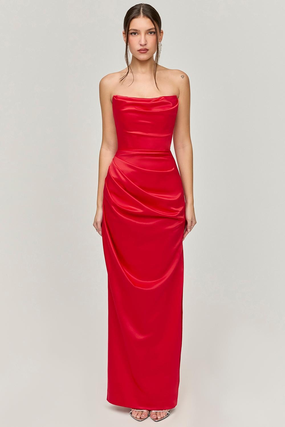 Adrienne Scarlet Satin Strapless Gown Product Image