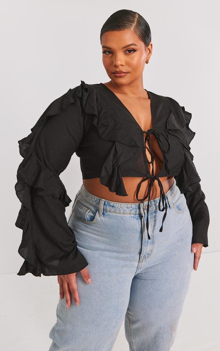 Plus Black Linen Ruffle Front Tie Front Cropped Shirt Product Image