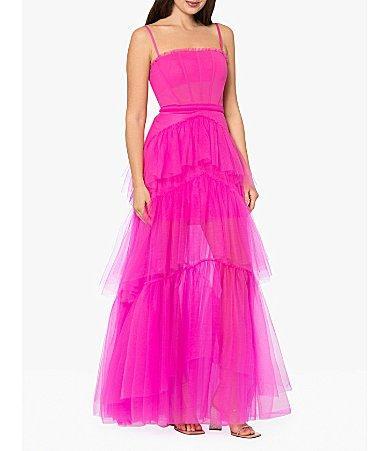 Betsy  Adam Illusion Tiered Ruffled Tulle Square Neck Mesh Sleeveless Gown Product Image