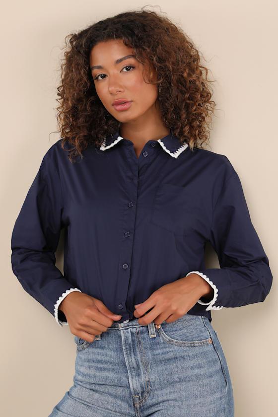 Aesthetic Charm Navy Blue Embroidered Collar Long Sleeve Top Product Image