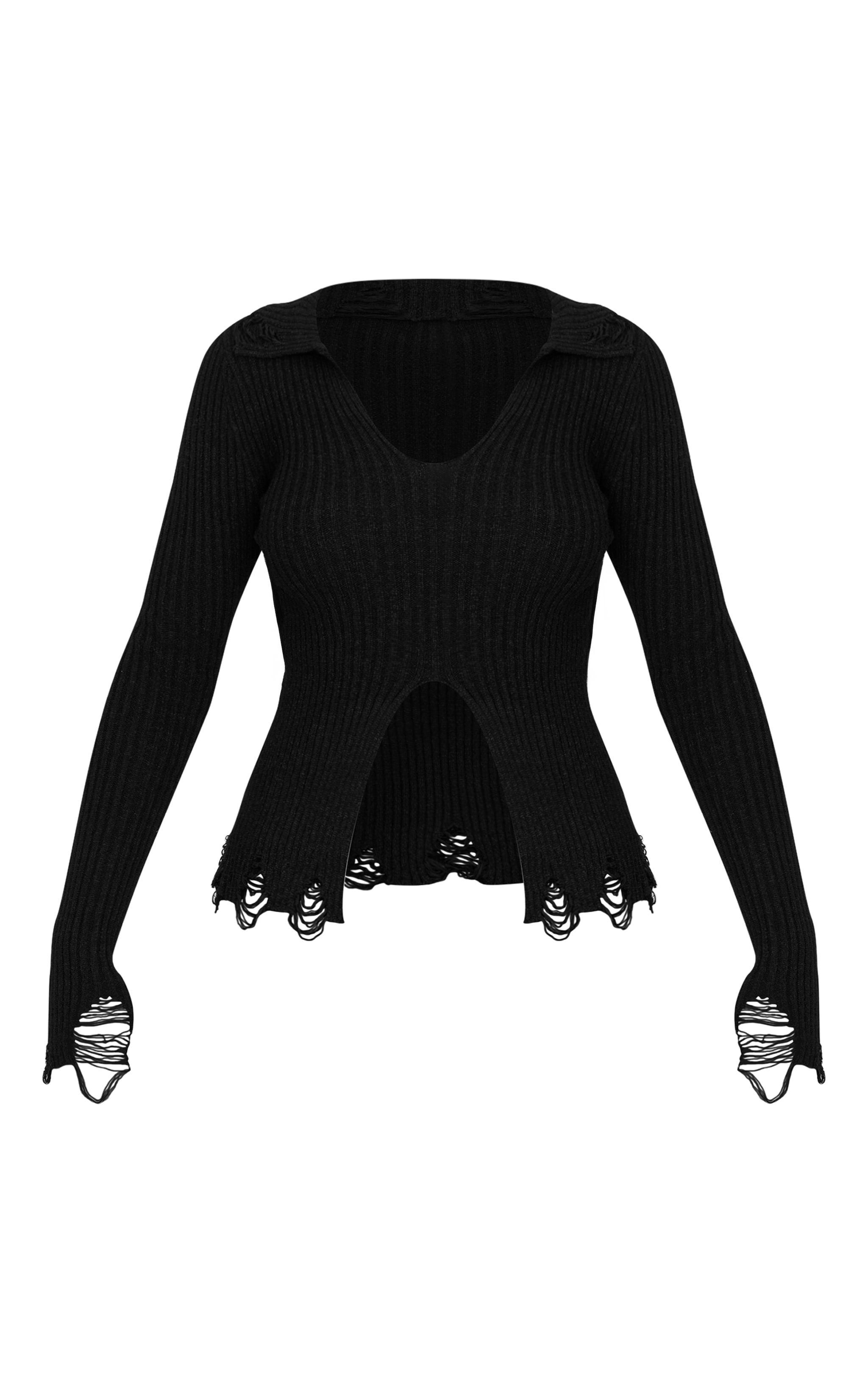 Black Ribbed Knit Distressed Hem Long Top Product Image