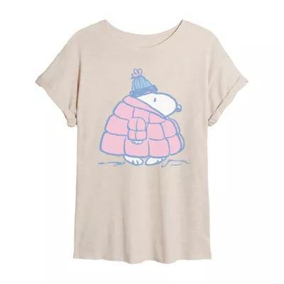 Juniors Peanuts Snoopy Coat Tee Womens Scoop Neck Short Sleeve Peanuts Snoopy Graphic T-Shirt Product Image