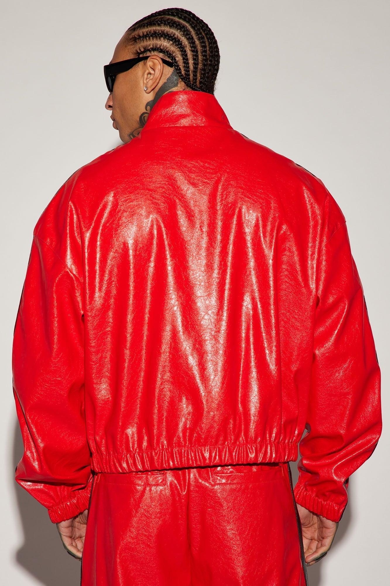 Baker Faux Leather Track Jacket - Red/combo Product Image