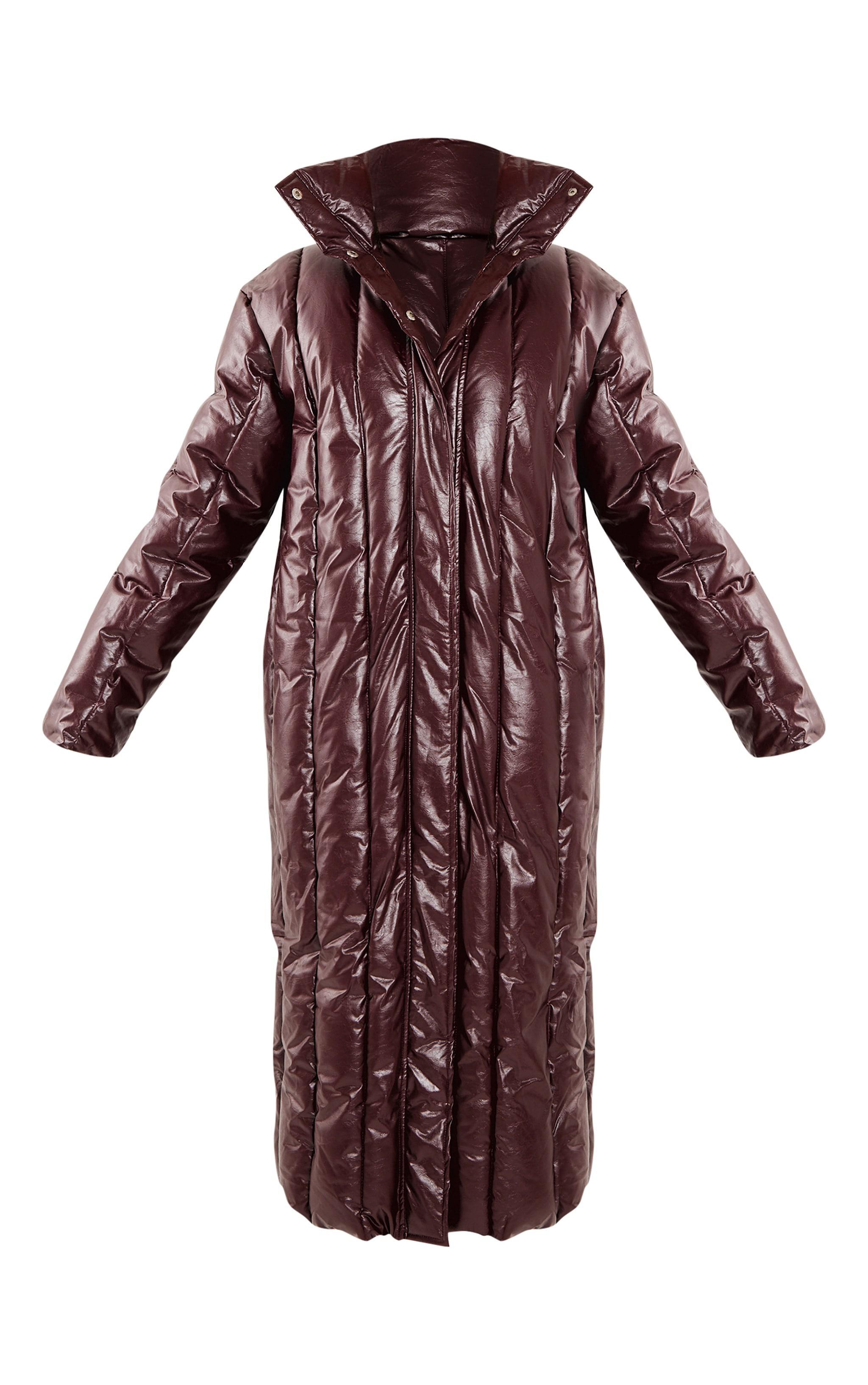 Petite Burgundy Shine High Neck Puffer Maxi Coat Product Image