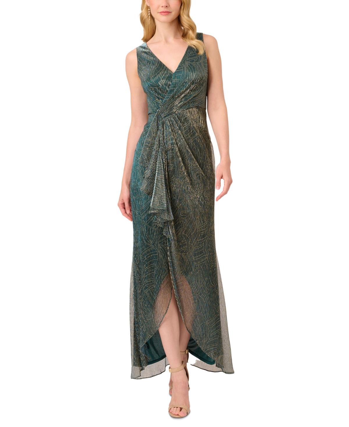 Adrianna Papell Womens Metallic Ruffled Sleeveless Faux-Wrap Gown Product Image