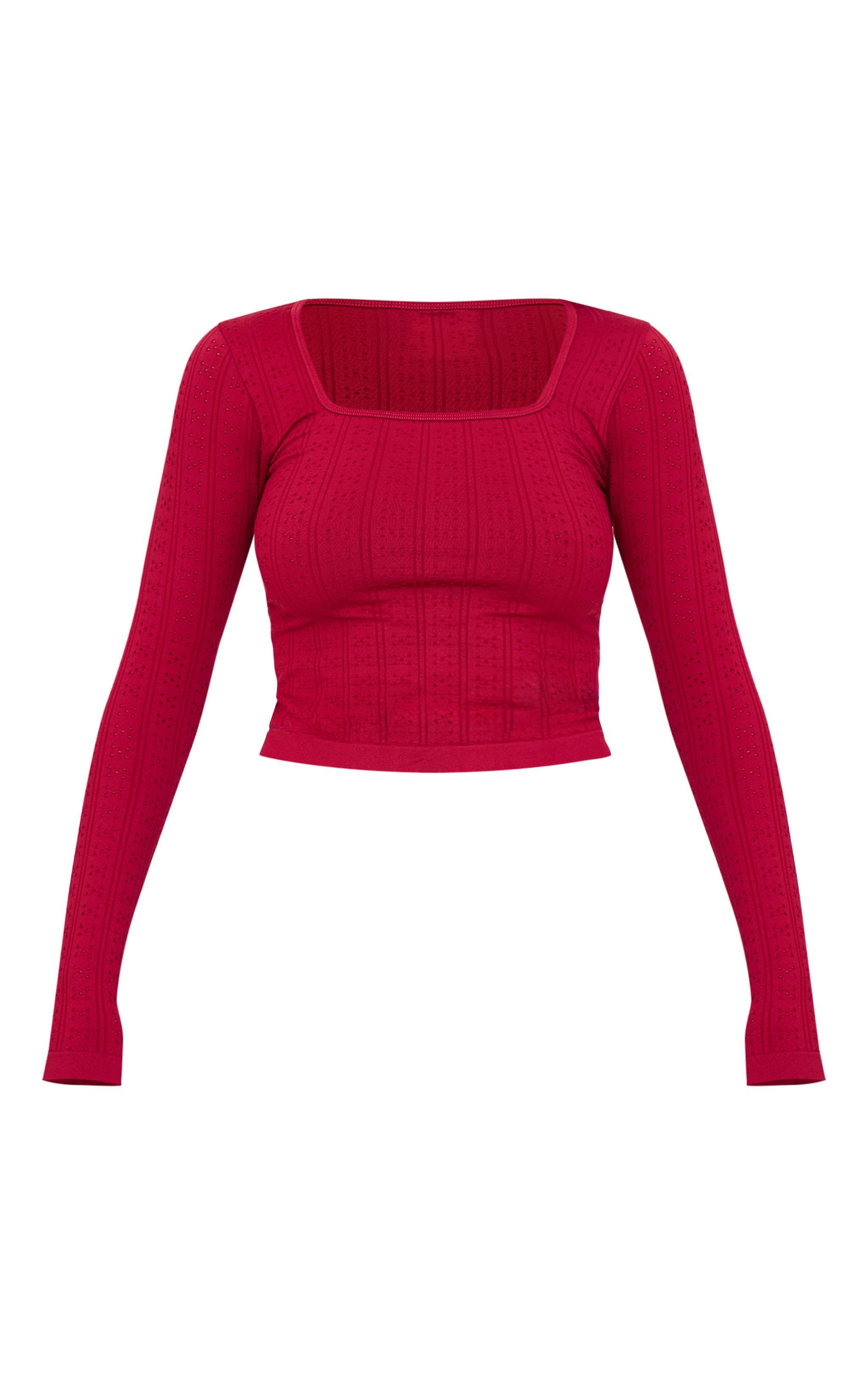 Burgundy Contour Pointelle Square Neck Long Sleeve Top Product Image