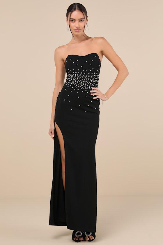 Opulent Muse Black Rhinestone Strapless Bustier Maxi Dress Product Image