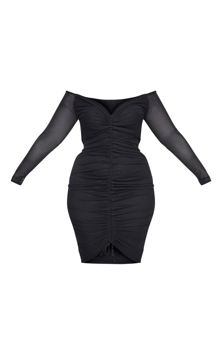 Plus Black Mesh Ruched Bardot Midi Dress Product Image