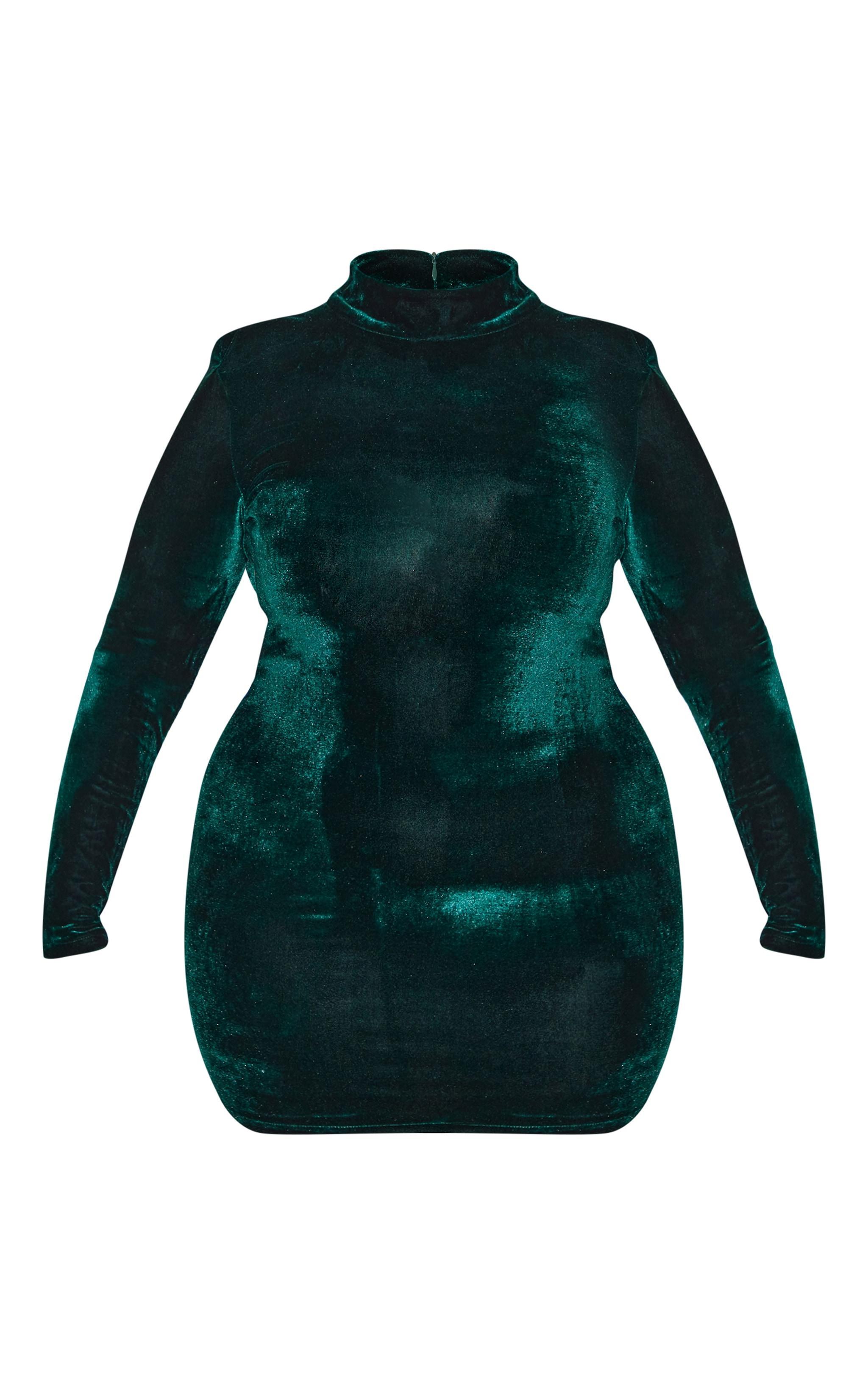 Plus Emerald Green Velour High Neck Long Sleeve Mini Dress Product Image