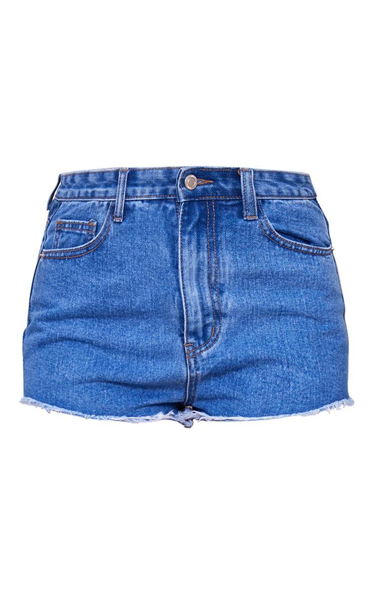 Mid Blue Wash Denim Frayed Hem Shorts Product Image