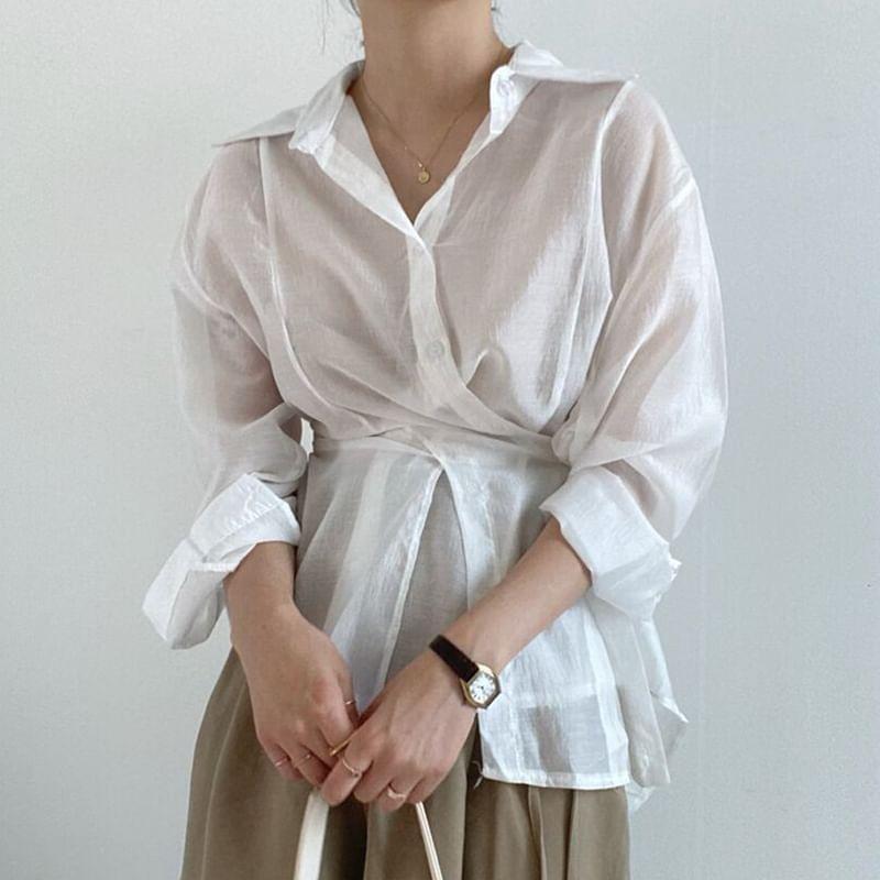 Asymmetrical Long-Sleeve Wrap Shirt Product Image