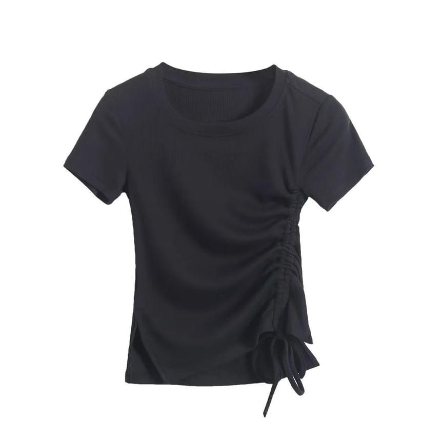 Short Sleeve Plain Drawstring Slim-Fit Crop Top Product Image