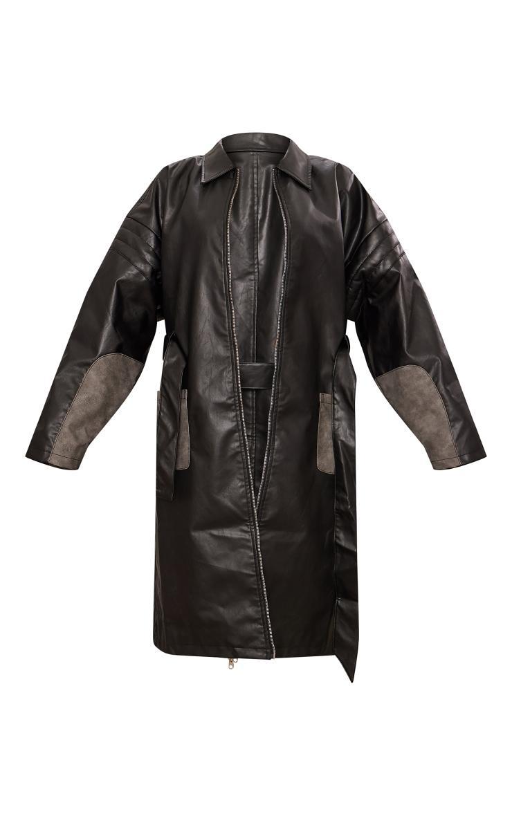 Black Faux Leather Contrast Panel Belted Coat Product Image