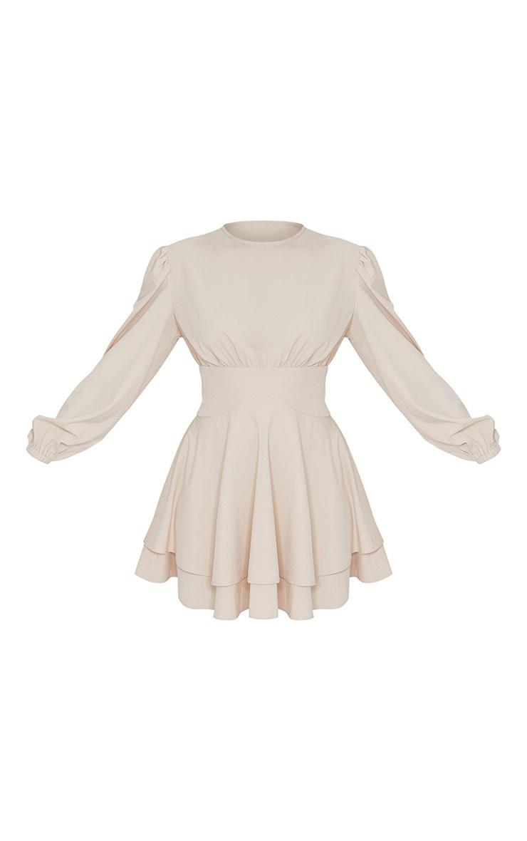 Stone Woven Binding Waist Detail Puff Long Sleeve Shift Dress Product Image