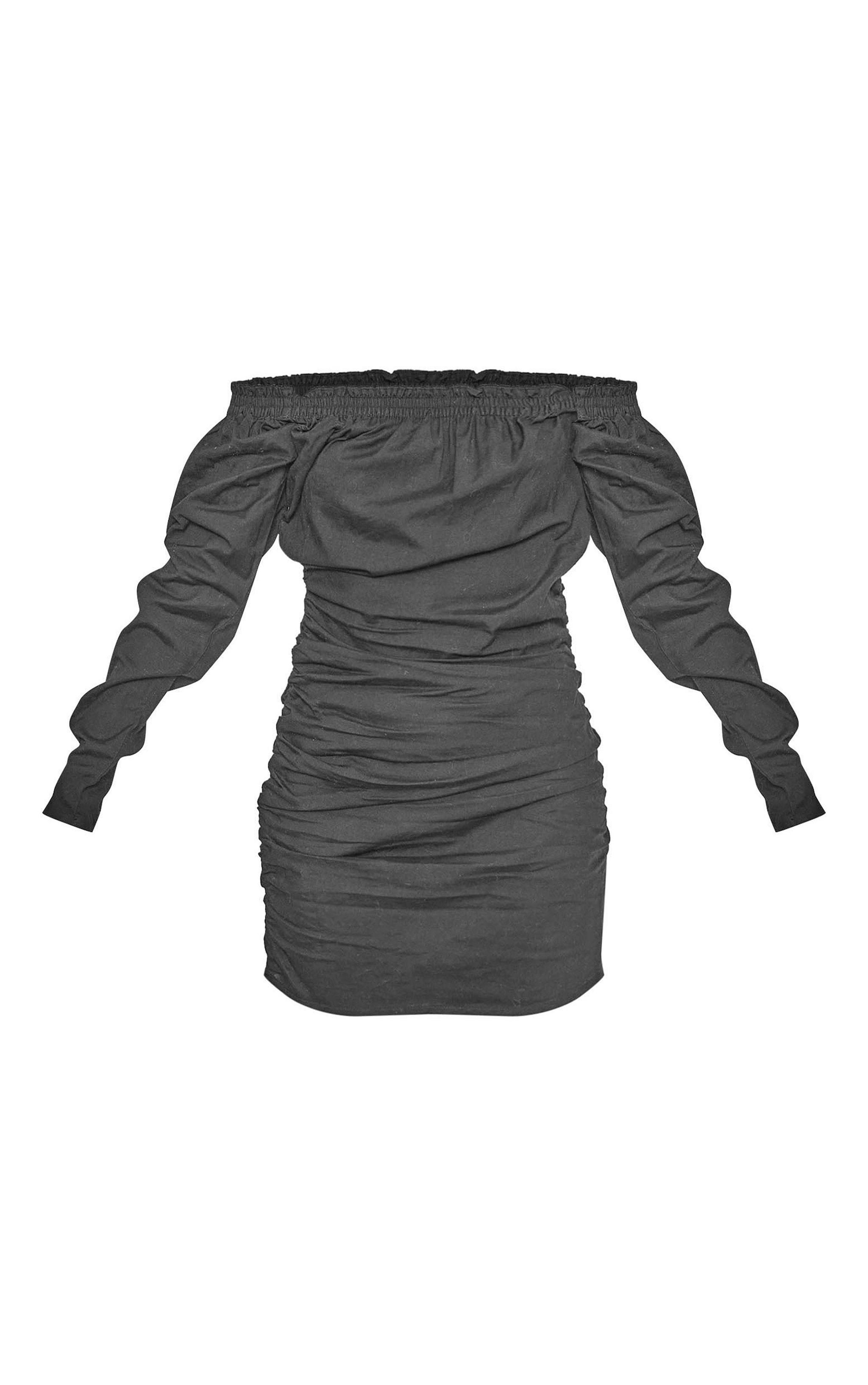 Black Linen Look Ruched Bardot Bodycon Dress Product Image