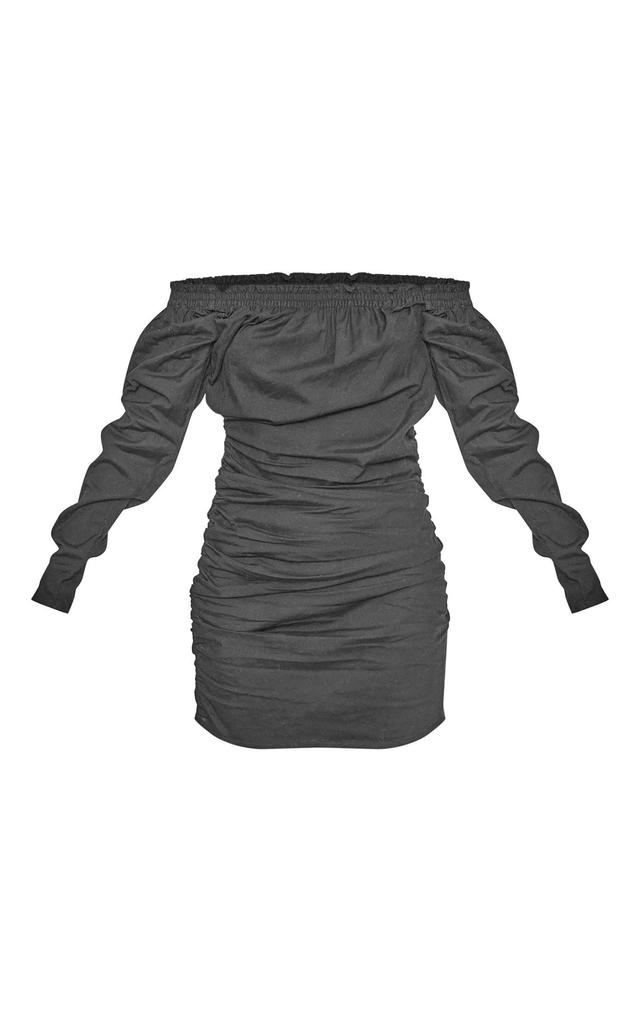 Black Linen Look Ruched Bardot Bodycon Dress Product Image