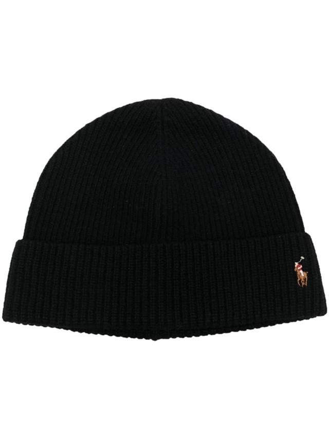 Embroidered-logo Ribbed-knit Hat In Blue Product Image