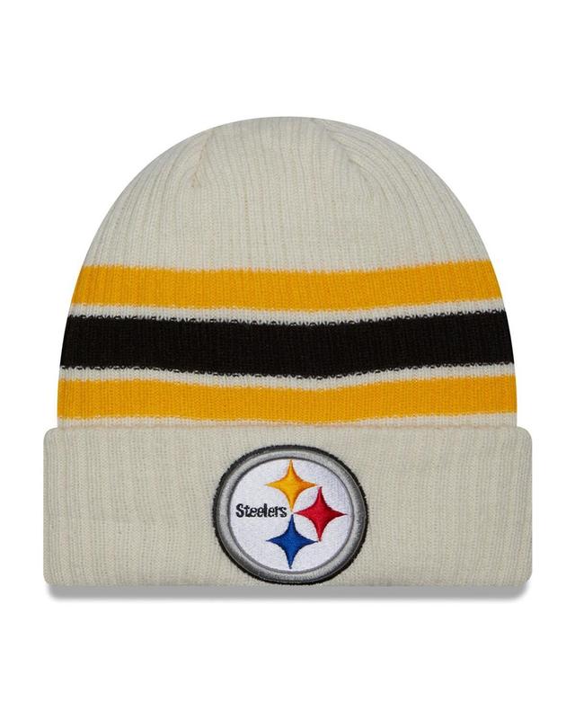 Mens New Era Cream Pittsburgh Steelers Team Stripe Cuffed Knit Hat Product Image